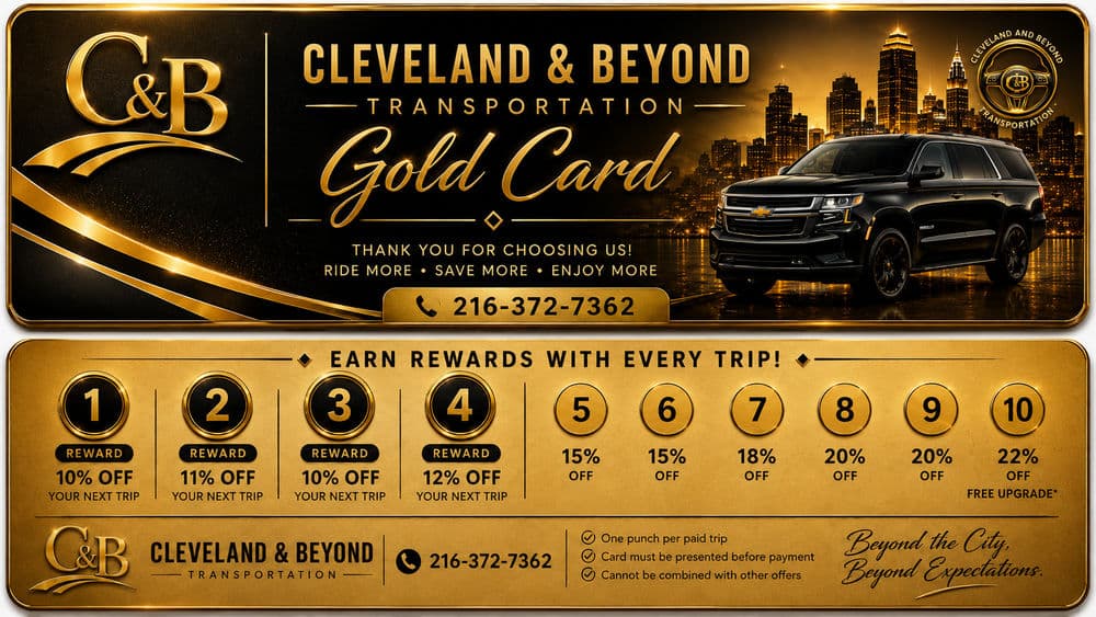 Cleveland & Beyond Transportation Gold Card design with rewards program details and contact info.